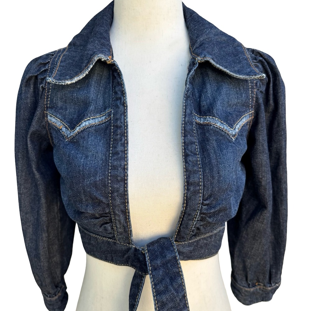 Western Cropped Denim Bolero Shrug Cowgirl Jacket Puff Sleeve Pinup Rockabilly S - Picture 2 of 9